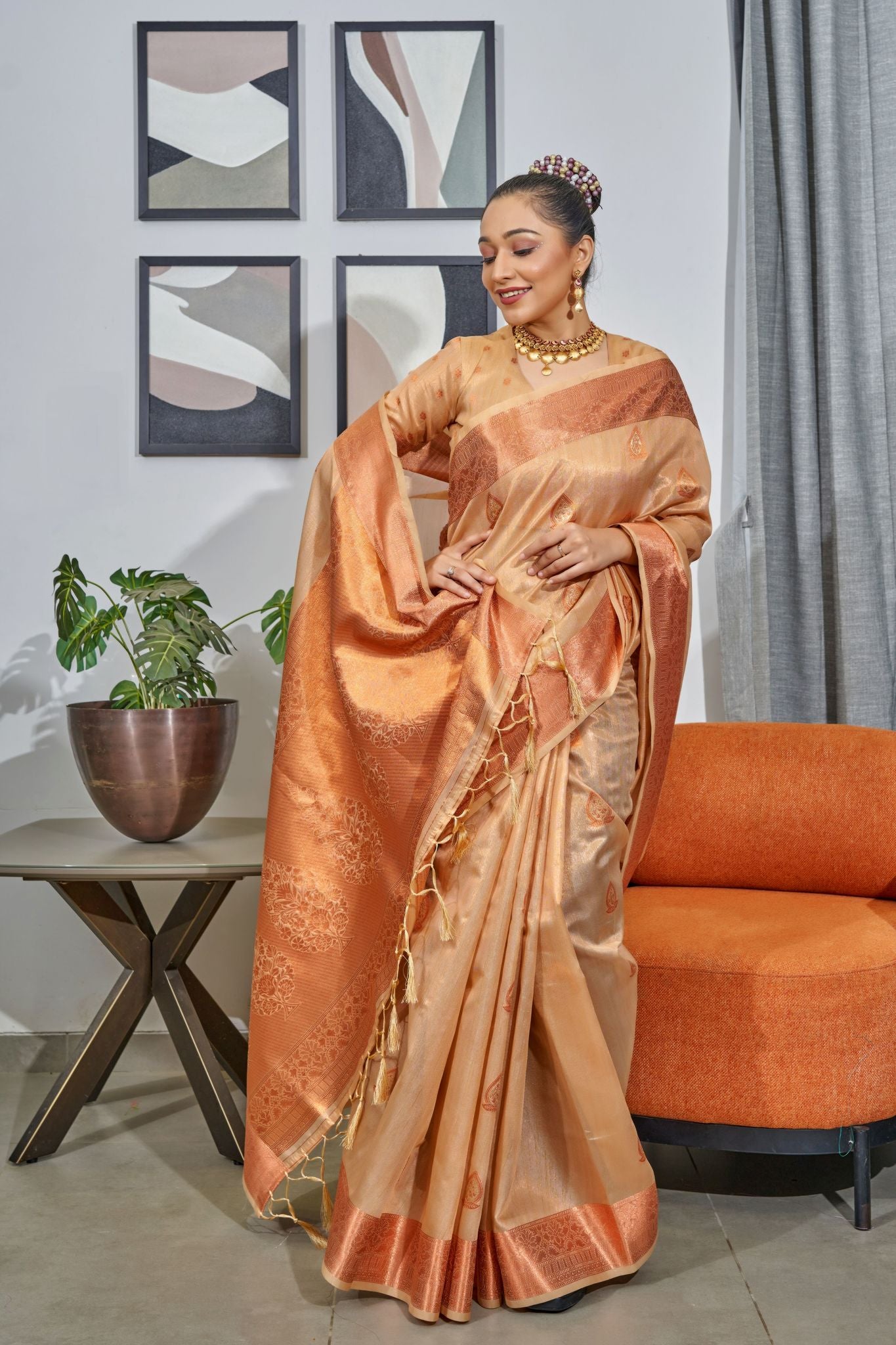 Buy MySilkLove Chocolate Brown Woven Organza Tissue Silk Saree Online