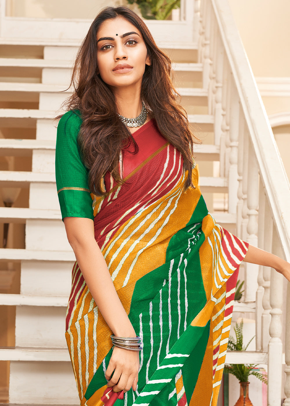 Buy MySilkLove Witch Yellow Green and Red Cotton Saree With Leheriya Print Online