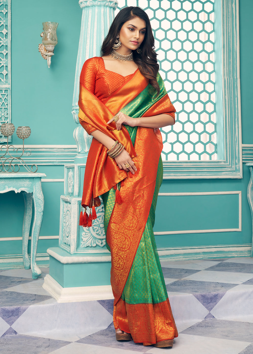 MySilkLove Aqua Forest Green and Red kanjivaram saree