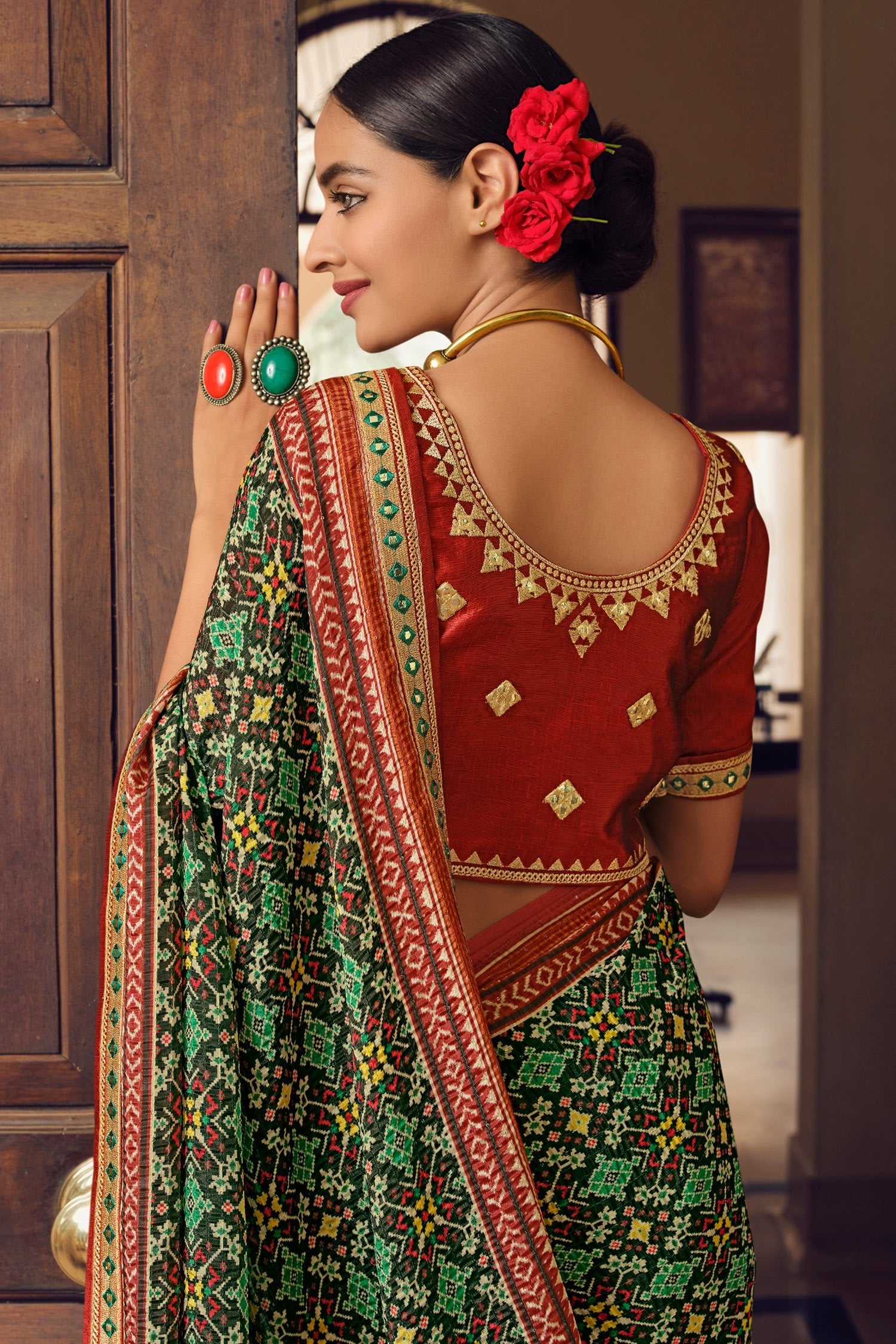 Buy MySilkLove Chalet Green Patola Printed Saree Online