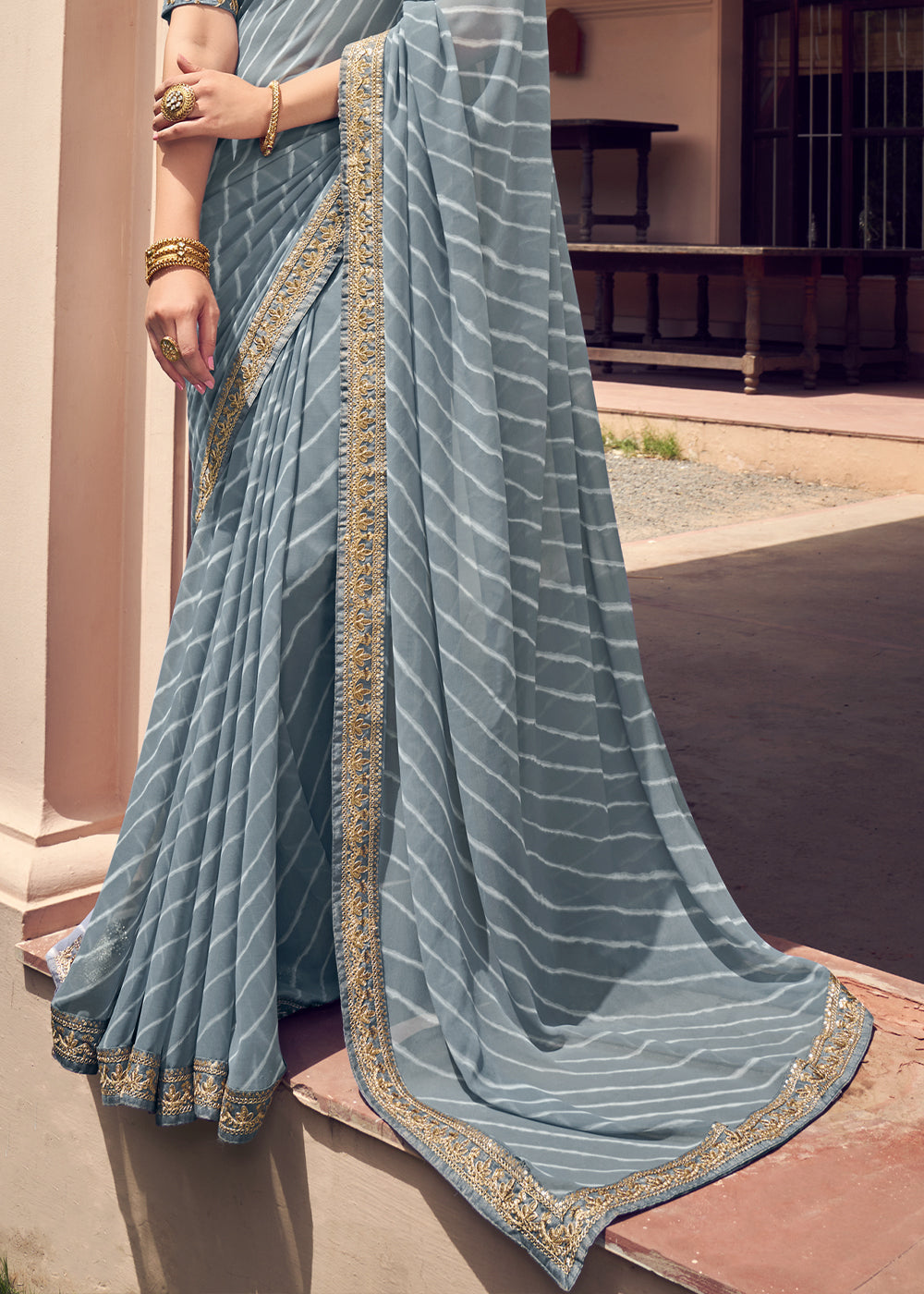 Buy MySilkLove Sirocco Grey Lehriya Print Georgette Saree With Embroidered Blouse Online