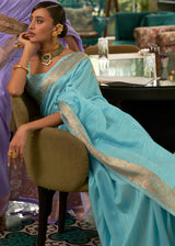 Powder Blue Zari Woven Tussar Silk Saree