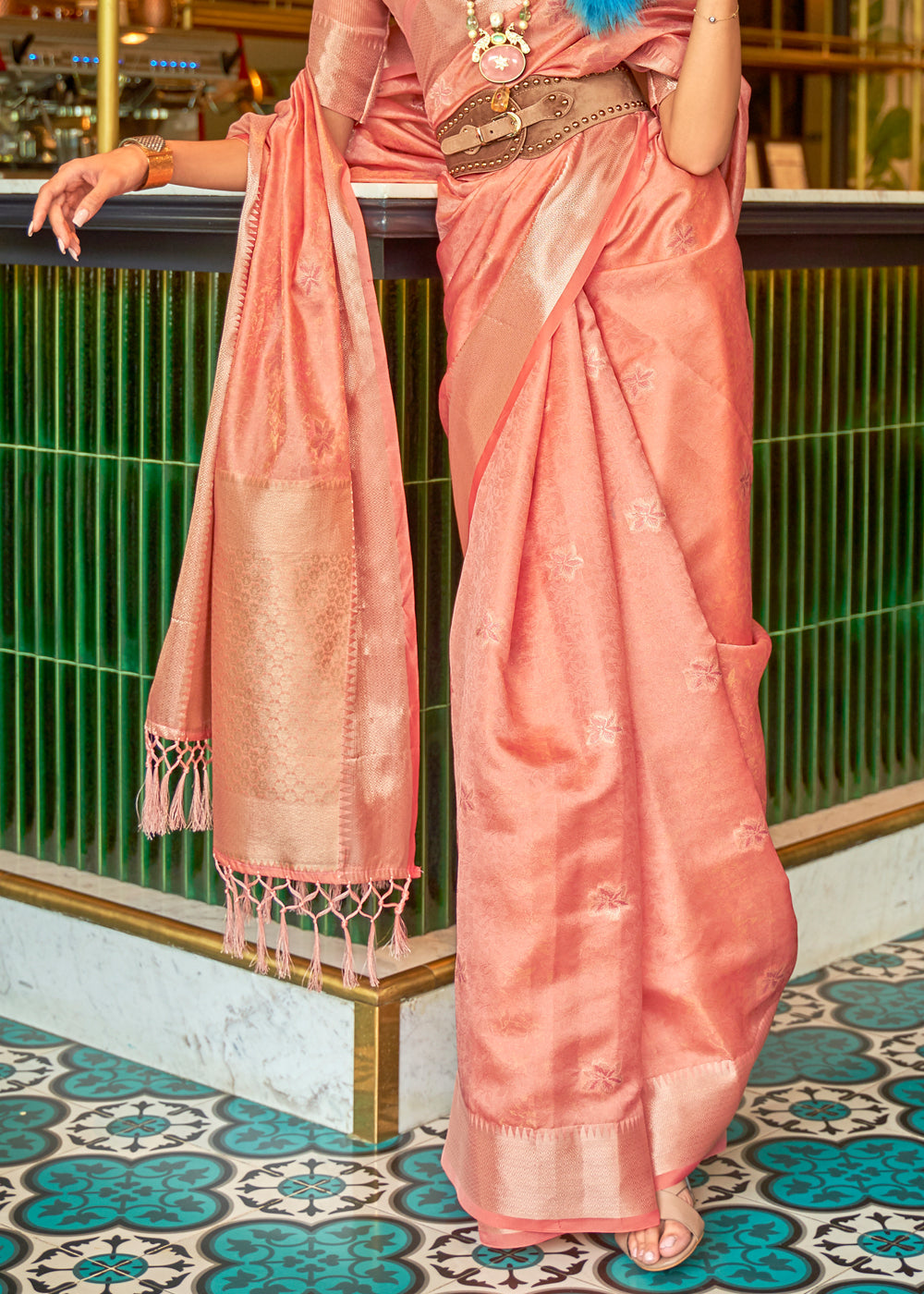 Buy MySilkLove Geraldine Peach Woven Organza Silk Saree Online