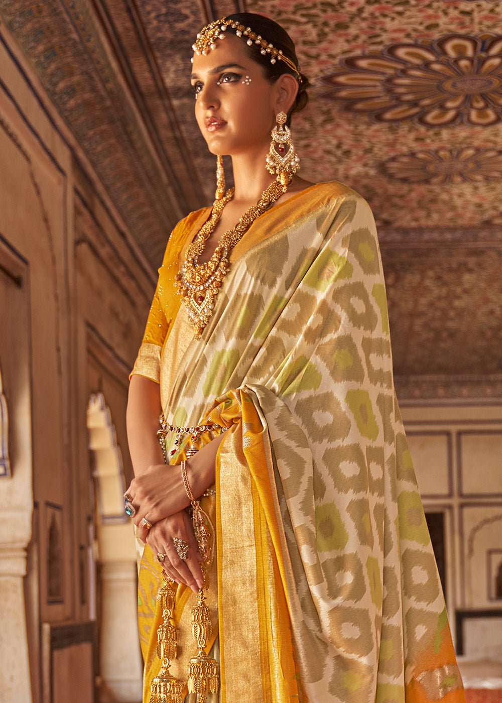 Buy MySilkLove Anzac Yellow and Cream Printed Patola Silk Saree Online