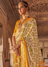 Anzac Yellow and Cream Printed Patola Silk Saree