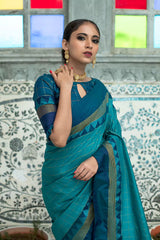 Orient Blue Soft Banarasi Raw Silk Saree