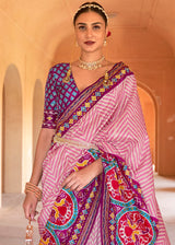 Blush Pink and Purple Printed Patola Silk Saree