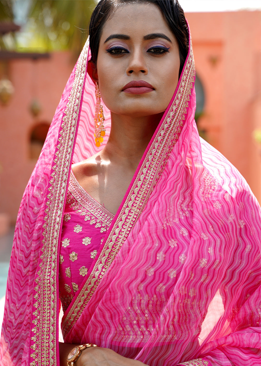 Buy MySilkLove Deep Blush Pink Lehriya Organza Saree With Embroidered Blouse Online
