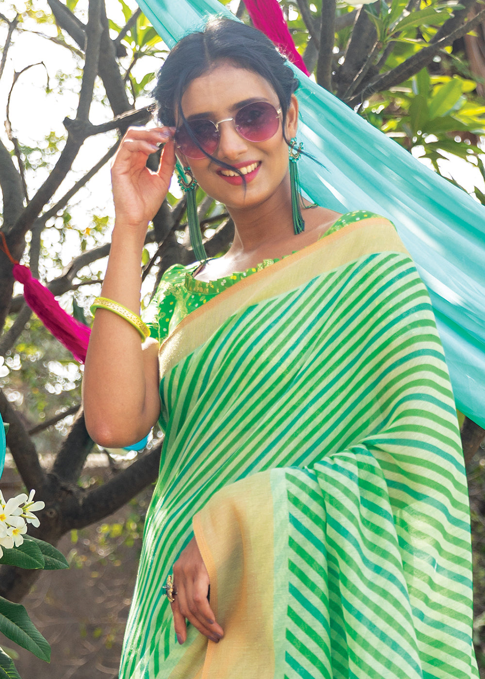 Buy MySilkLove Mint Green Cotton Saree With Leheriya Print Online