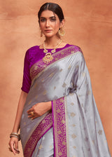 French Grey and Purple Banarasi Satin Silk Saree