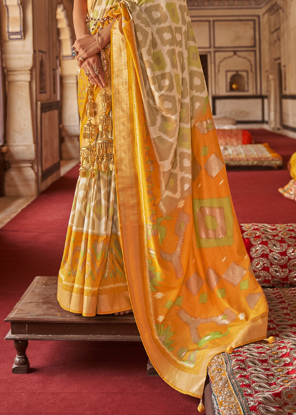 Buy MySilkLove Anzac Yellow and Cream Printed Patola Silk Saree Online