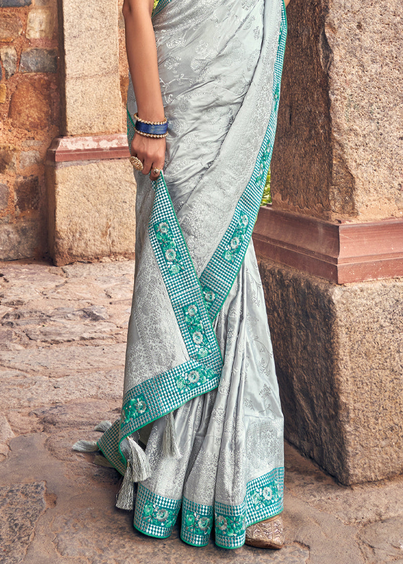 Celeste Silver and Blue Zari Woven Designer Banarasi Saree