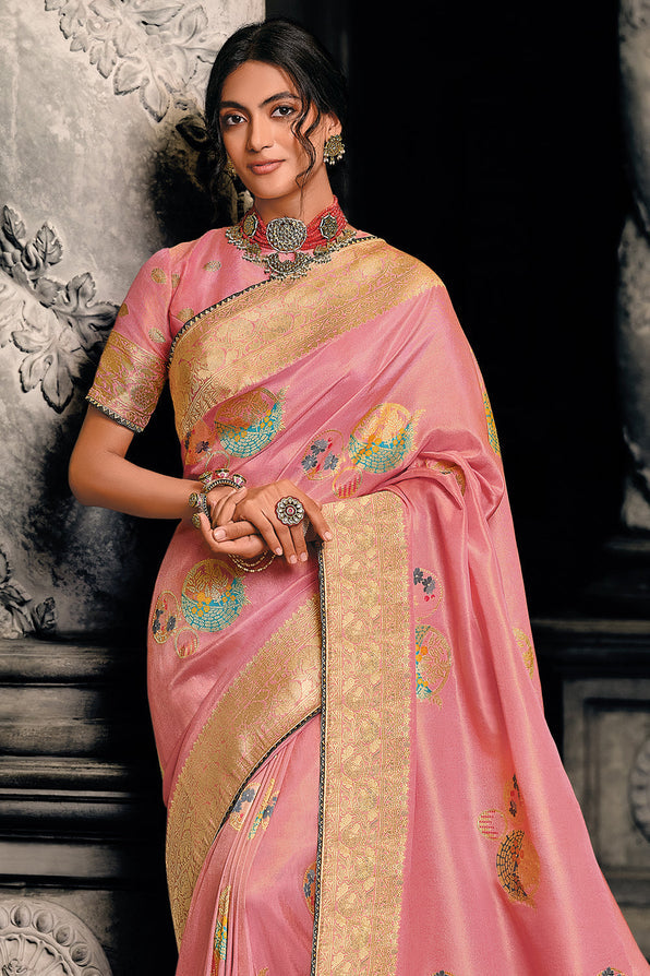 Buy MySilkLove Sweet Pink Zari Woven Banarasi Saree Online