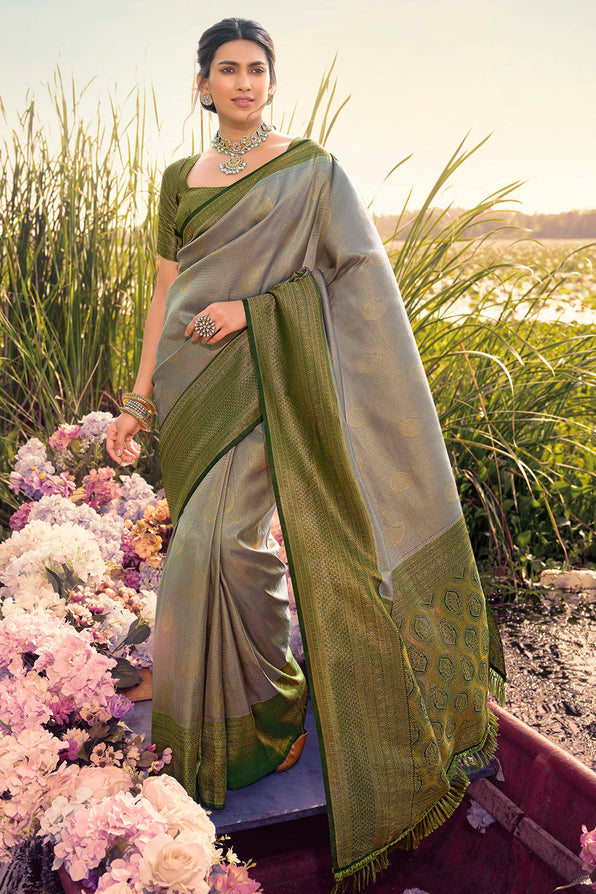 Buy MySilkLove Cloudy Grey and Green Woven Kanjivaram Saree Online