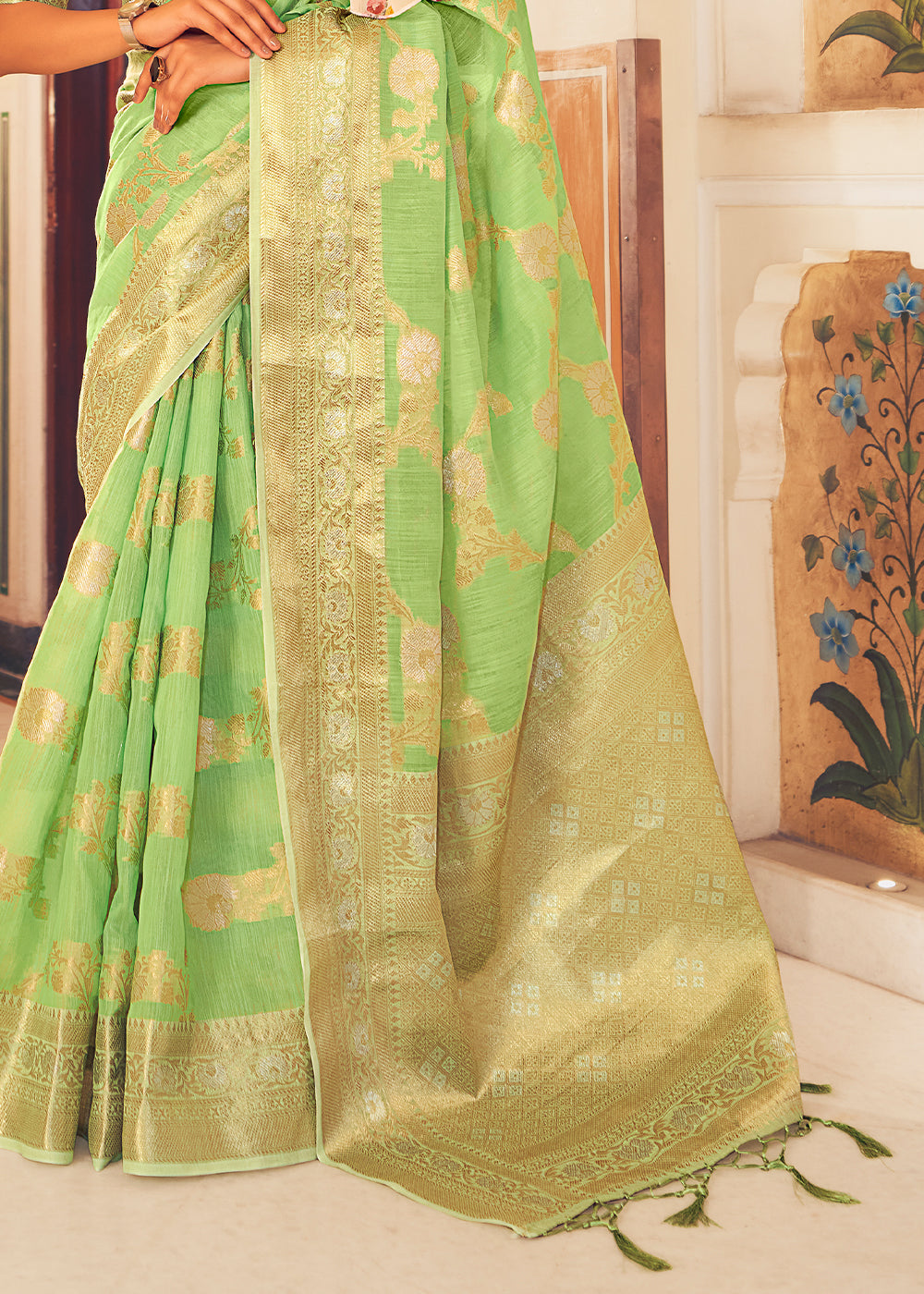 Buy MySilkLove Wild Willow Green Zari Woven Linen Silk Saree Online