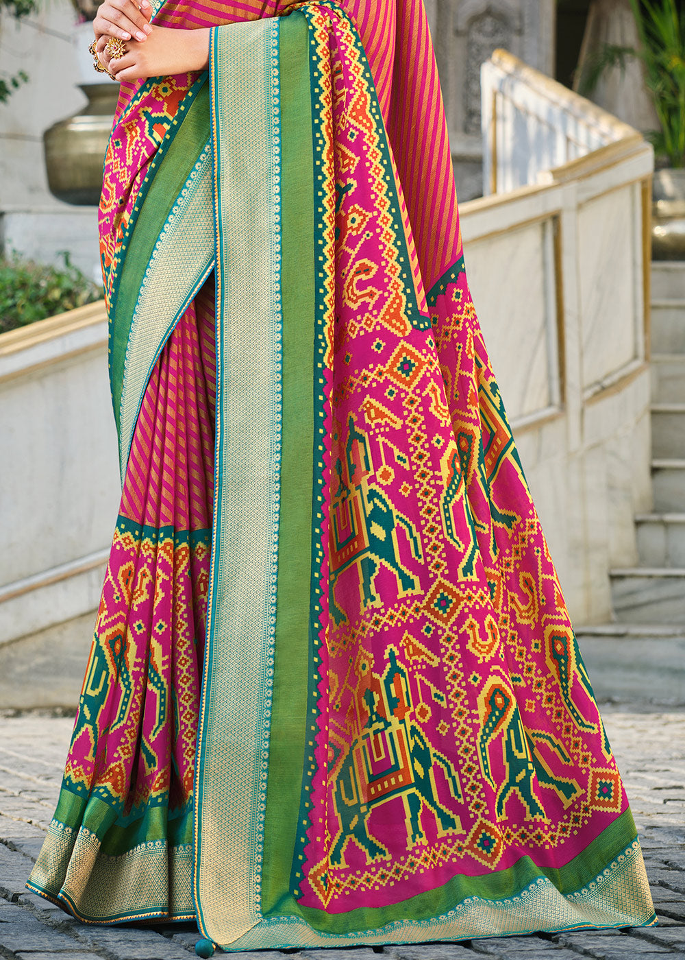 Buy MySilkLove Vivid Pink and Green Brasso Patola Printed Saree Online