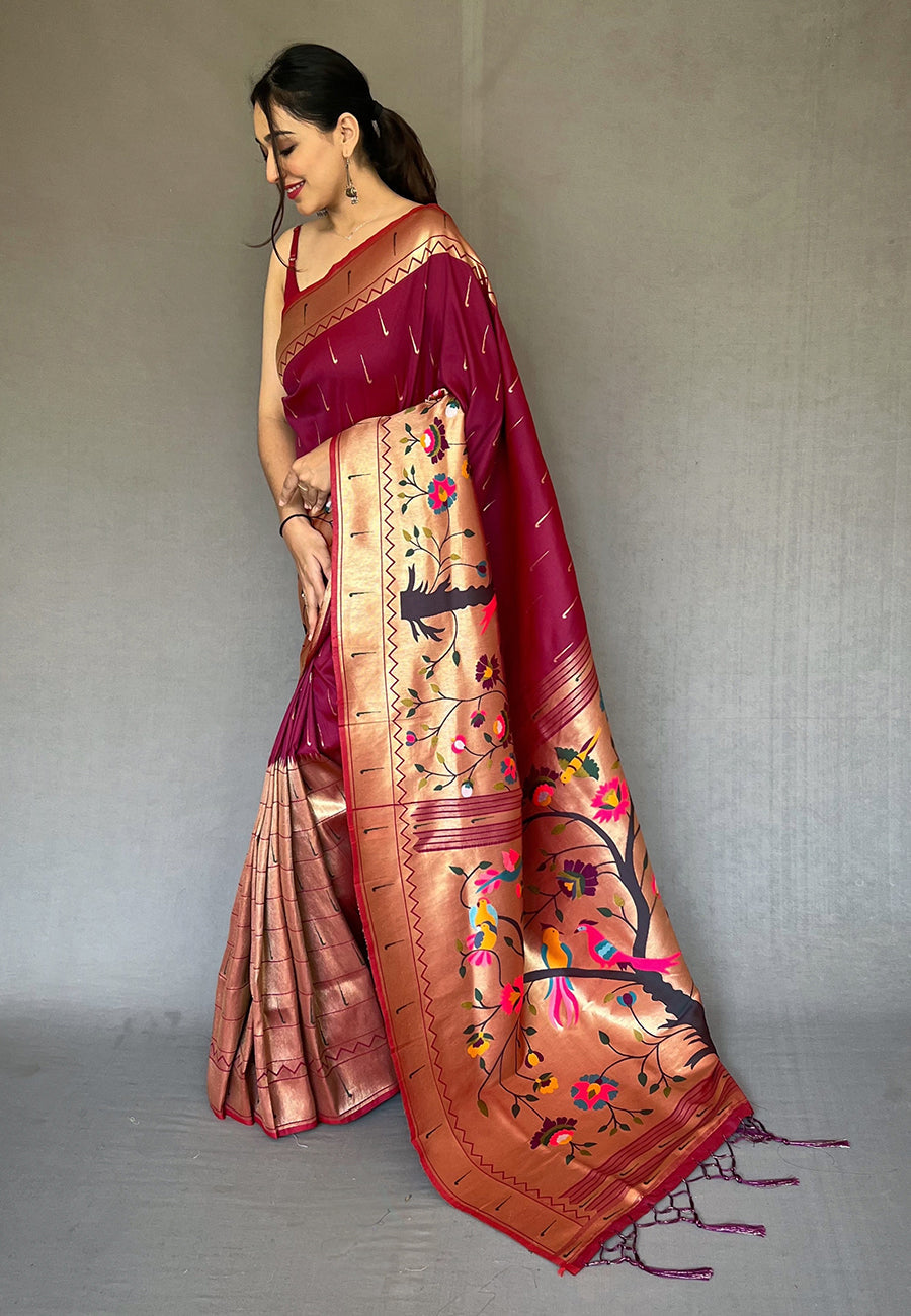 Buy MySilkLove Blush Maroon Woven Paithani Silk Saree Online