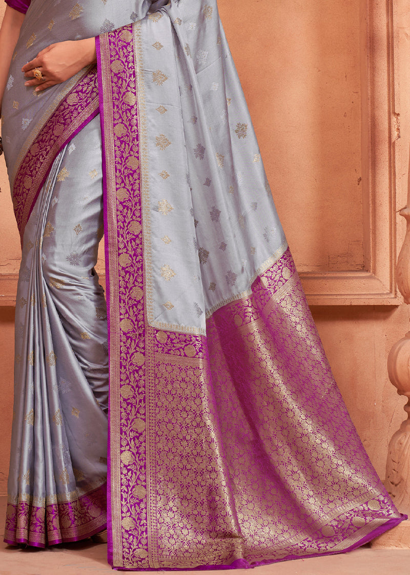 French Grey and Purple Banarasi Satin Silk Saree