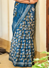 Teal Blue Cotton Linen Batik Printed Saree