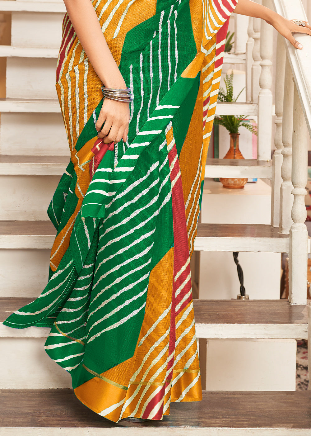 Buy MySilkLove Witch Yellow Green and Red Cotton Saree With Leheriya Print Online