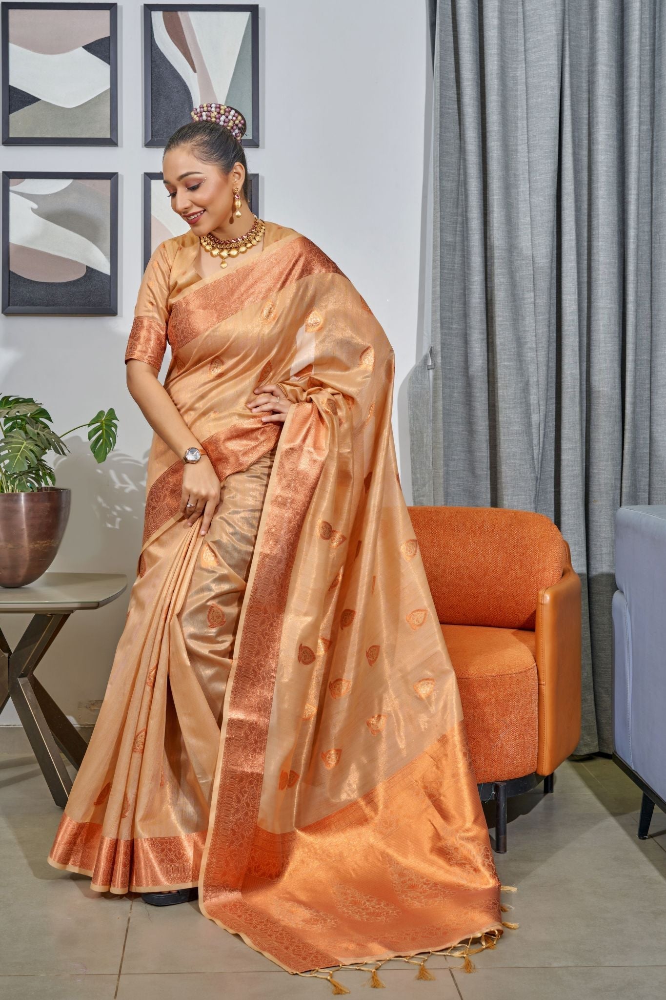 Buy MySilkLove Chocolate Brown Woven Organza Tissue Silk Saree Online