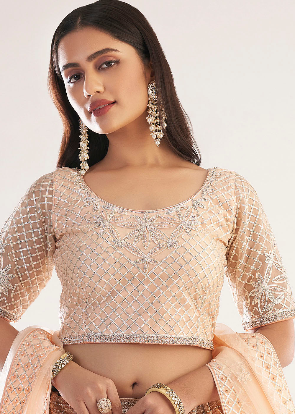 Buy MySilkLove Manhattan Peach Net Designer Lehenga Choli Online