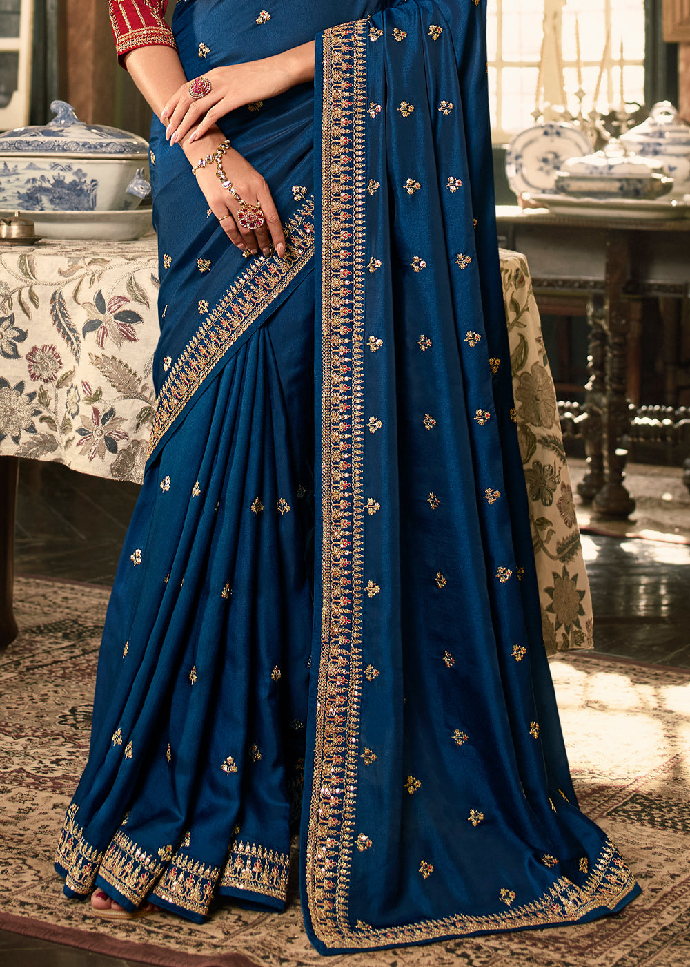 Buy MySilkLove Biscay Blue Designer Embroidered Silk Saree Online