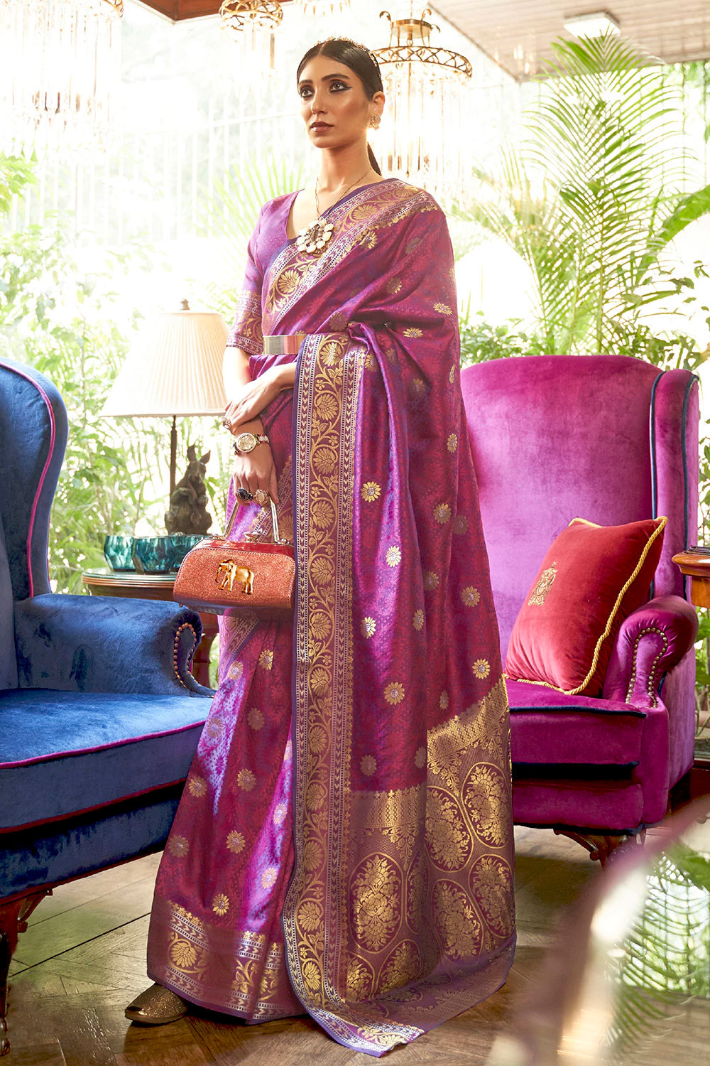 Buy MySilkLove Plum Purple Woven Kanjivaram Silk Saree Online