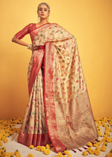 Sandwisp Cream Woven Banarasi Brocade Silk Saree