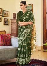 Woodland Green Cotton Linen Batik Printed Saree