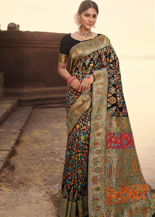 Midnight Black Woven Jamawar Banarasi Saree