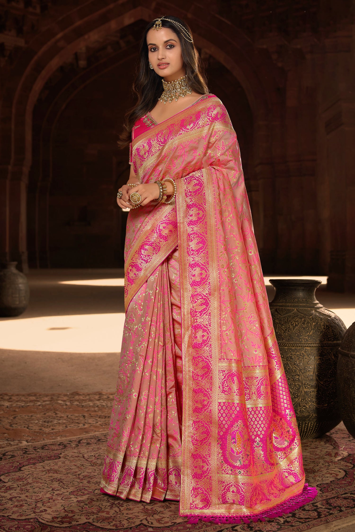 Buy MySilkLove Deep Blush Pink Designer Banarasi Woven Silk Saree Online