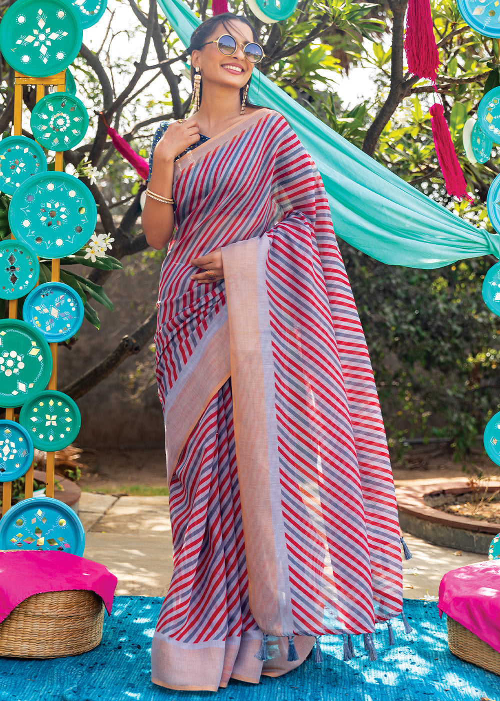 Buy MySilkLove Can Red and Blue Cotton Saree With Leheriya Print Online