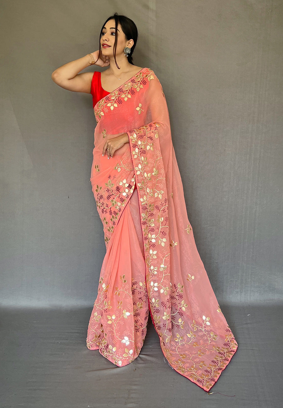 Buy MySilkLove Froly Peach Embroidered Organza Silk Saree Online