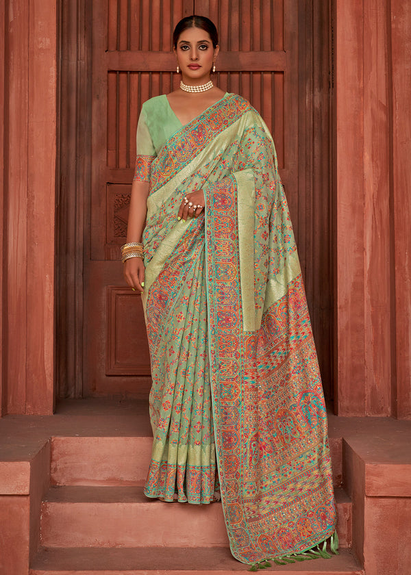 Green Smoke Banarasi Jamawar Silk Saree