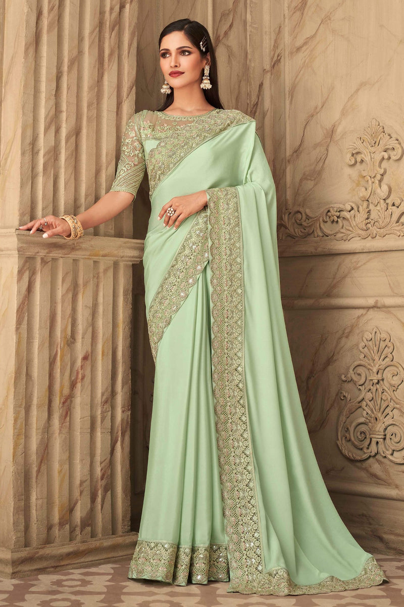 Peacock Green Designer Silk Saree With Heavy Embroidary – Zari Banaras
