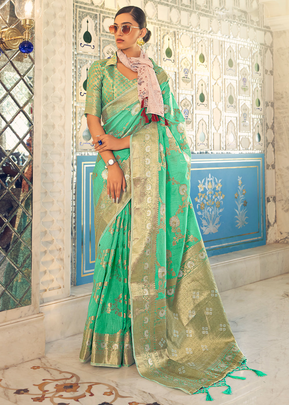 Buy MySilkLove Ocean Green Zari Woven Linen Silk Saree Online