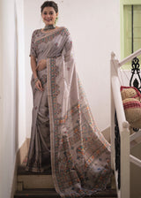 Sisal Grey Kalamkari Printed Silk Saree