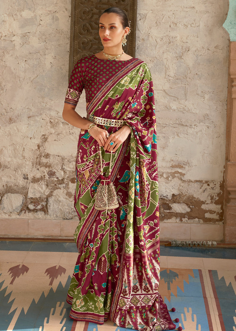 Nutmeg Maroon and Green Woven Patola Silk Saree