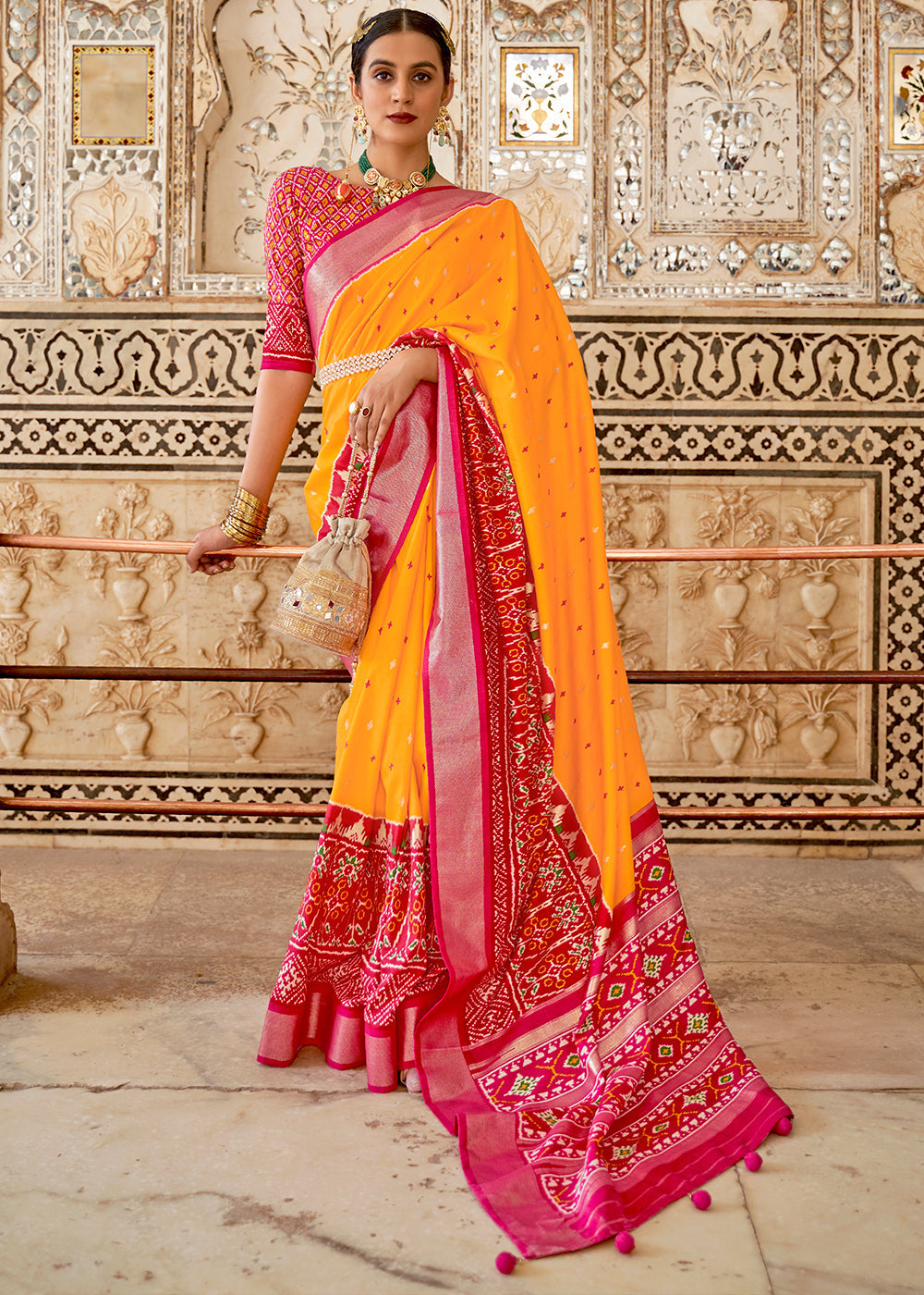 Buy MySilkLove Sun Yellow and Red Cotton Patola Printed Saree Online