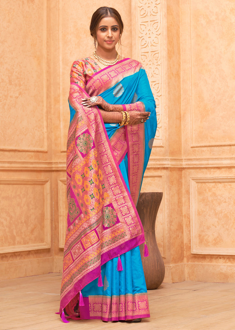 Picton Blue and Pink Zari Woven Banarasi Silk Saree