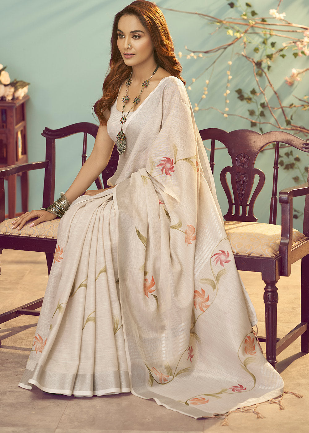 Buy MySilkLove Rodeo Dust Brown Soft Linen Silk Floral Printed Saree Online