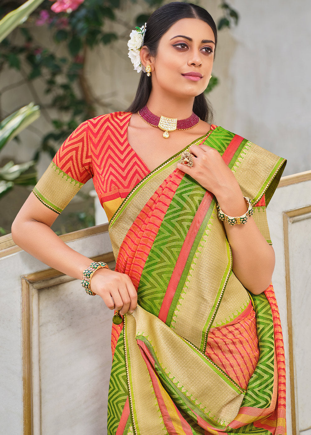 MySilkLove Bittersweet Red and Green Brasso Patola Printed Saree