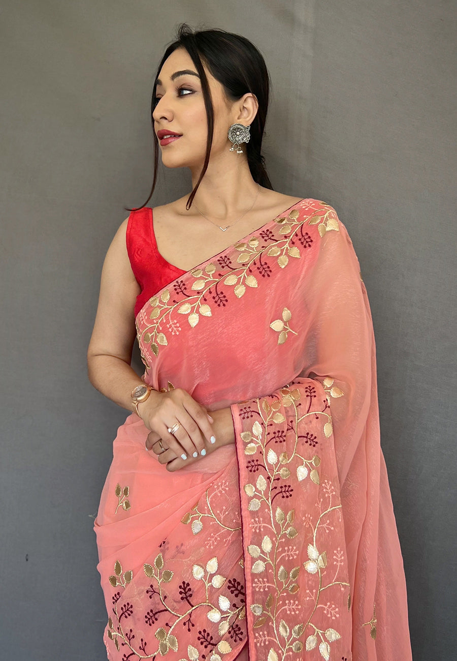 Buy MySilkLove Froly Peach Embroidered Organza Silk Saree Online