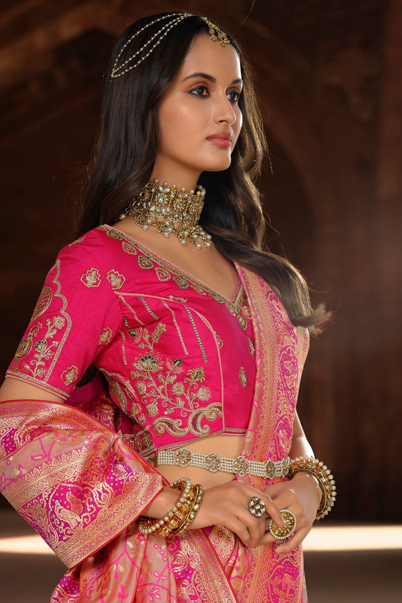 Deep Blush Pink Designer Banarasi Woven Silk Saree