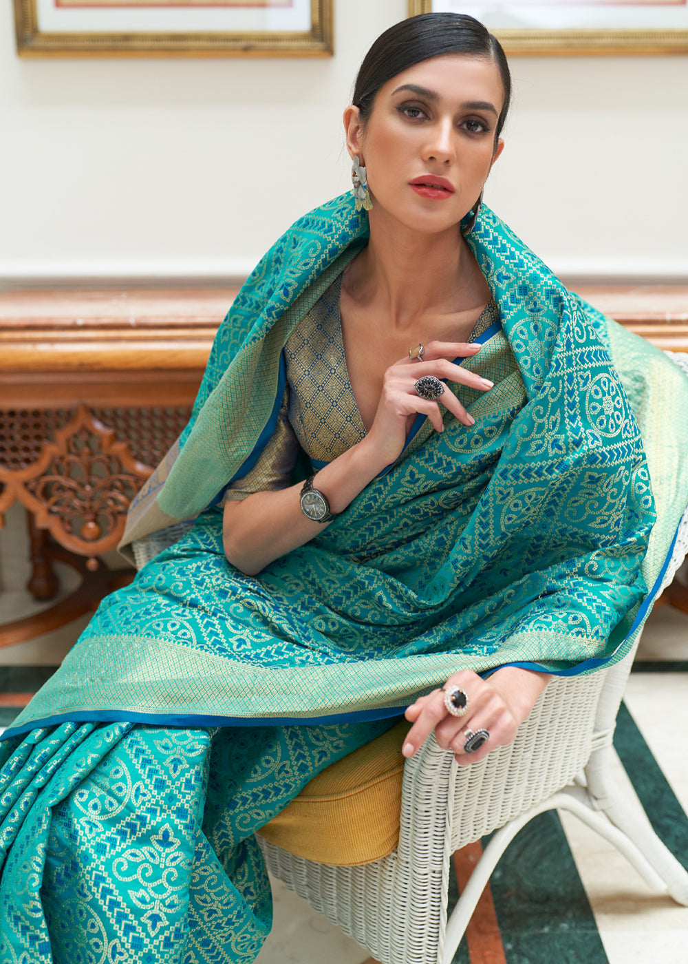 Buy MySilkLove Water Leaf Blue Woven Patola Silk Saree Online