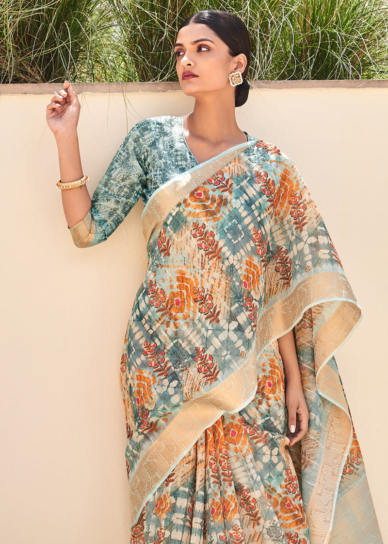 Turquoise Digital Printed Linen Saree 5485SR06