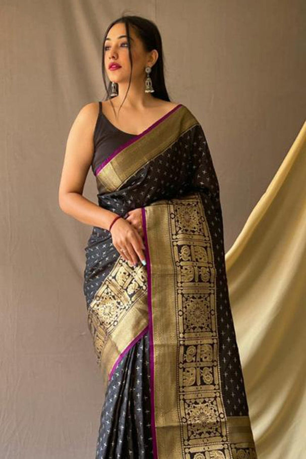 Buy MySilkLove Night Rider Black Zari Woven Kanjivaram Silk Saree Online