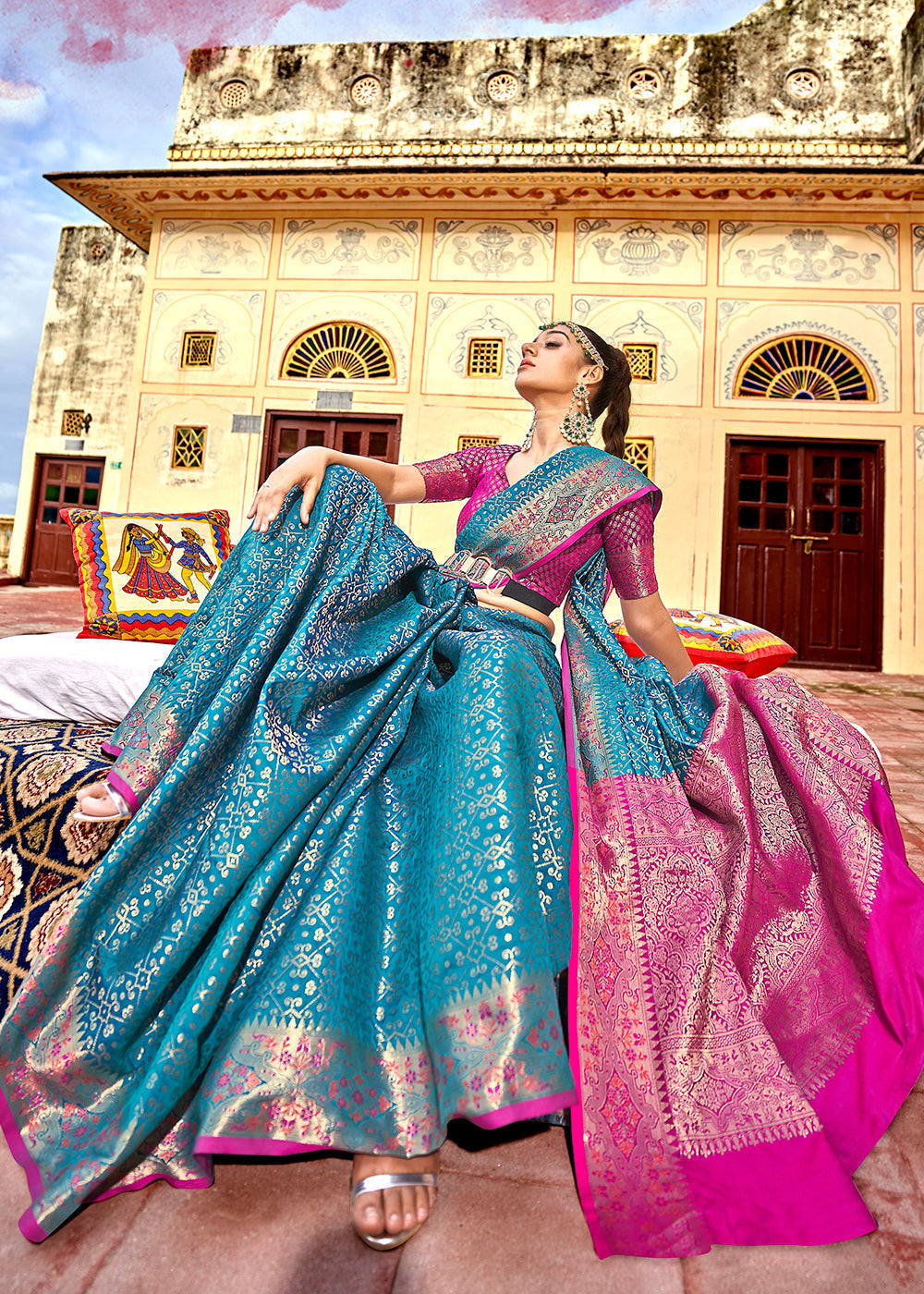 Buy MySilkLove Rock Blue and Pink Woven Soft Silk Saree Online