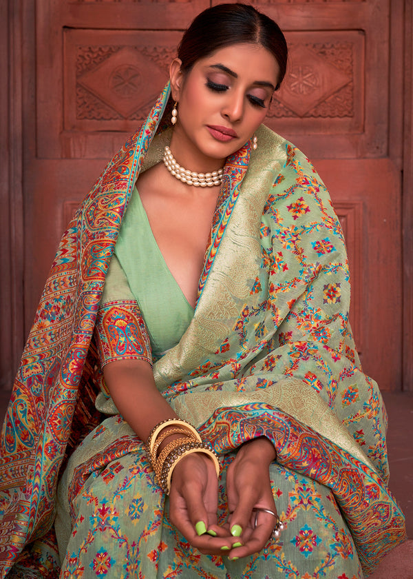 Green Smoke Banarasi Jamawar Silk Saree